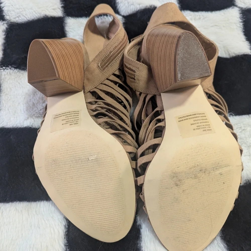 JustFab Tan Suede Braided Fringe Block Heel Sandals Size 7.5